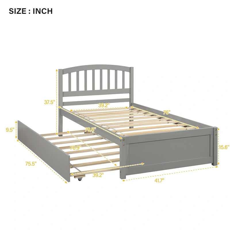 Lit plateforme double gris en bois avec lit gigogne