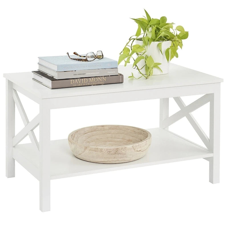 Table basse à deux niveaux avec étagère et structure en X