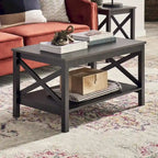 Table basse à deux niveaux avec étagère et structure en X