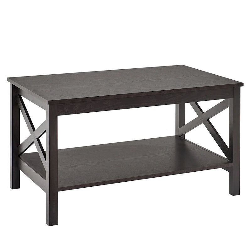 Table basse à deux niveaux avec étagère et structure en X