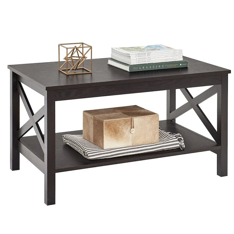 Table basse à deux niveaux avec étagère et structure en X
