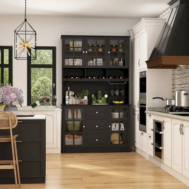 79Armoire de Rangement de Cuisine avec Portes Vitrées, Buffet Laqué