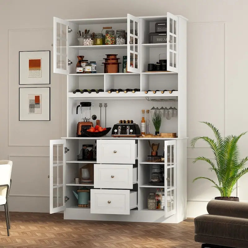 79Armoire de Rangement de Cuisine avec Portes Vitrées, Buffet Laqué