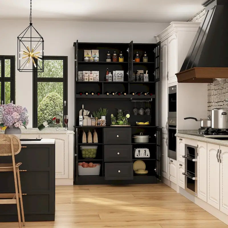 79Armoire de Rangement de Cuisine avec Portes Vitrées, Buffet Laqué