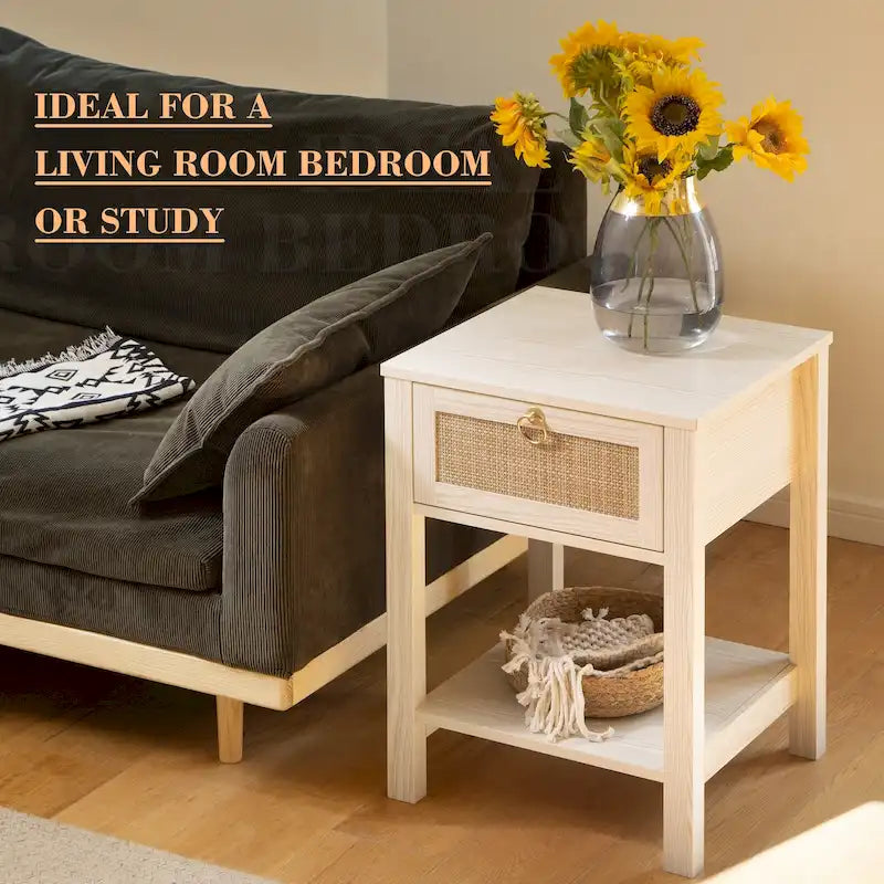 Table de chevet en rotin 1 tiroir, style ferme