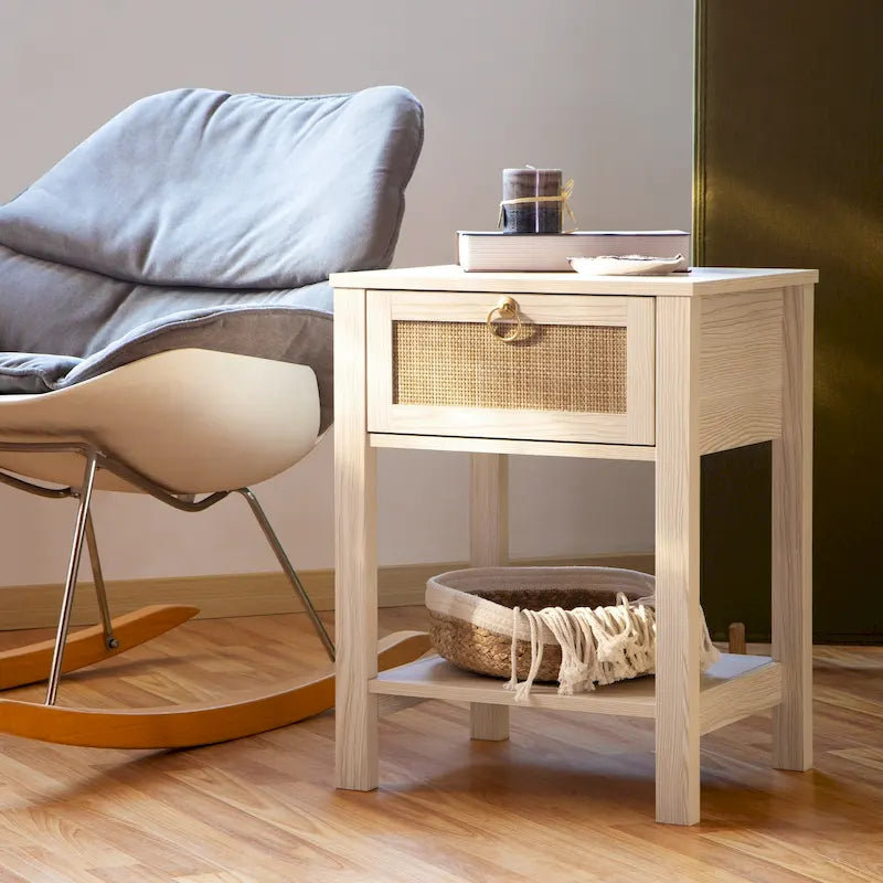 Table de chevet en rotin 1 tiroir, style ferme