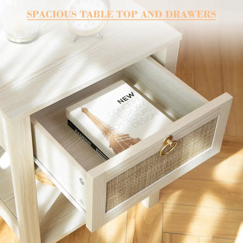 Table de chevet en rotin 1 tiroir, style ferme