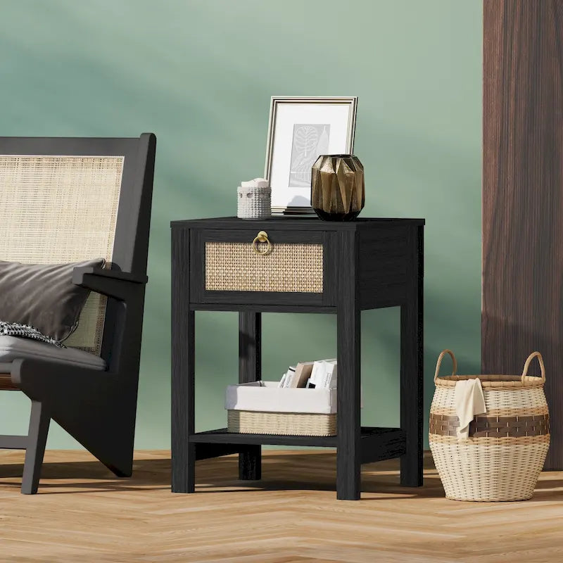 Table de chevet en rotin 1 tiroir, style ferme