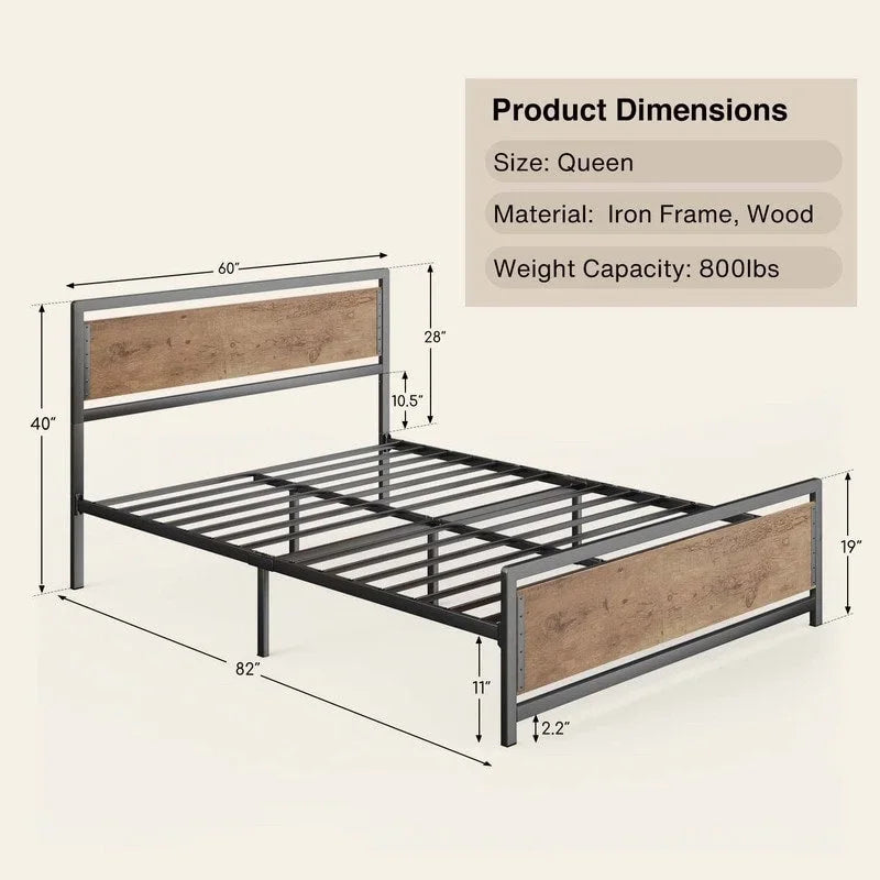 Cadre de lit complet Queen size avec tête de lit – Lit plateforme en métal robuste