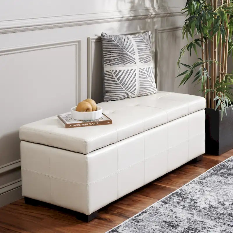 Grand banc de rangement touffeté en similicuir marron