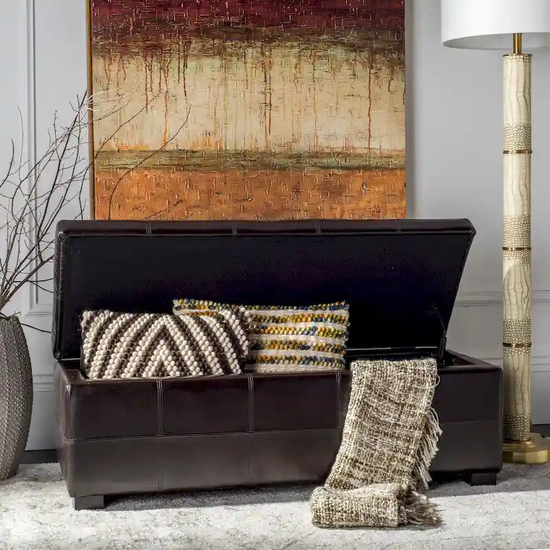 Grand banc de rangement touffeté en similicuir marron