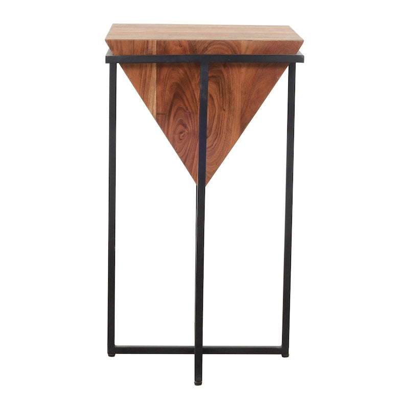 Table d'appoint en bois d'acacia de 26 pouces en forme de pyramide avec base en fer croisé, marron et noir