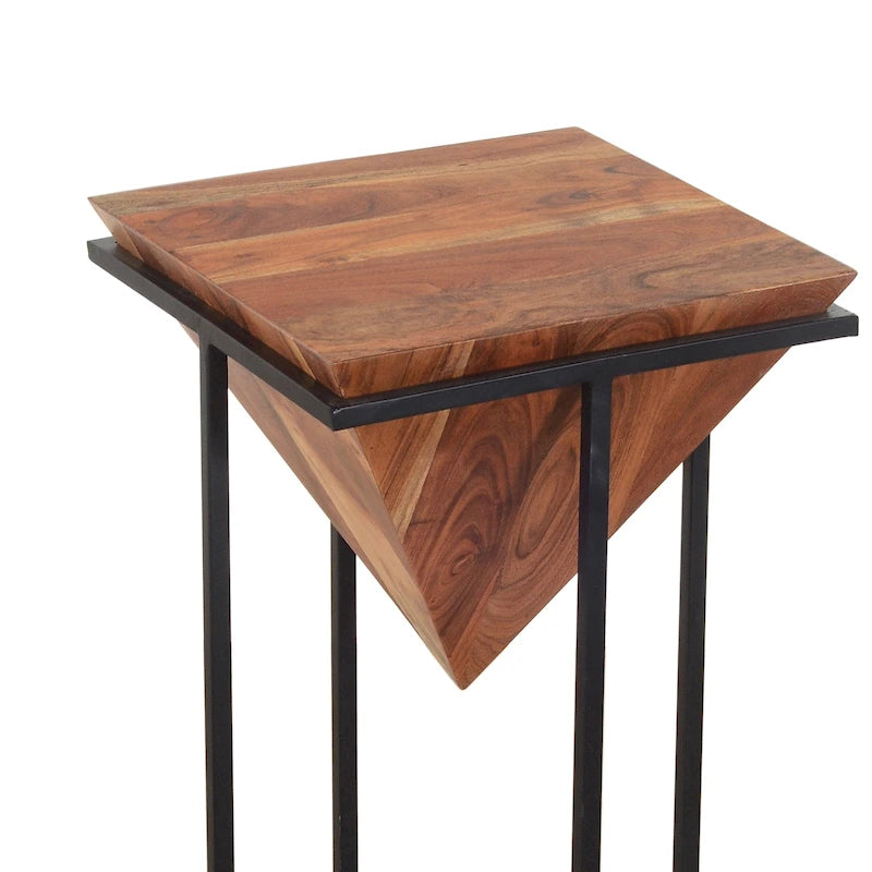 Table d'appoint en bois d'acacia de 26 pouces en forme de pyramide avec base en fer croisé, marron et noir