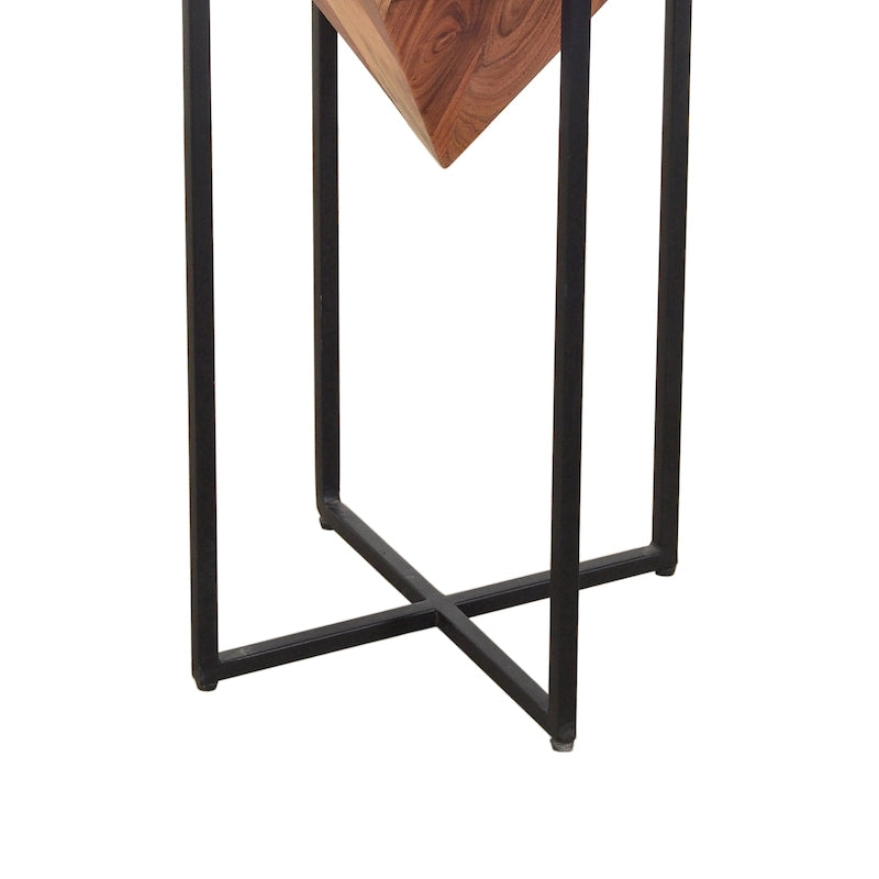 Table d'appoint en bois d'acacia de 26 pouces en forme de pyramide avec base en fer croisé, marron et noir