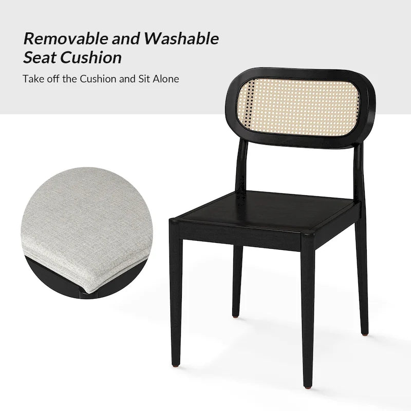 Chaise de salle à manger moderne en bois massif avec dossier en rotin et coussin amovible