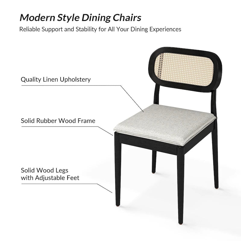 Chaise de salle à manger moderne en bois massif avec dossier en rotin et coussin amovible