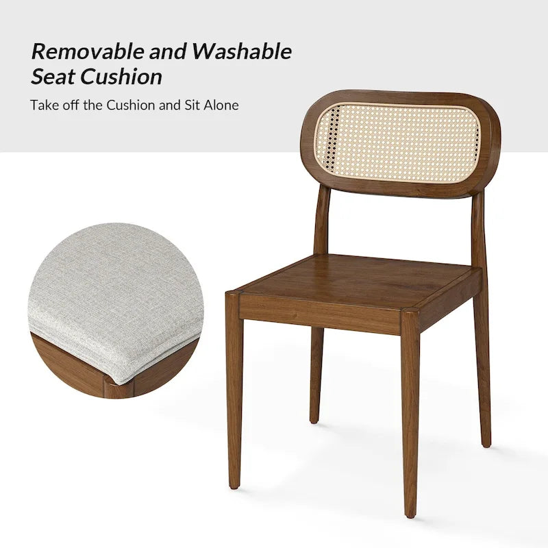 Chaise de salle à manger moderne en bois massif avec dossier en rotin et coussin amovible