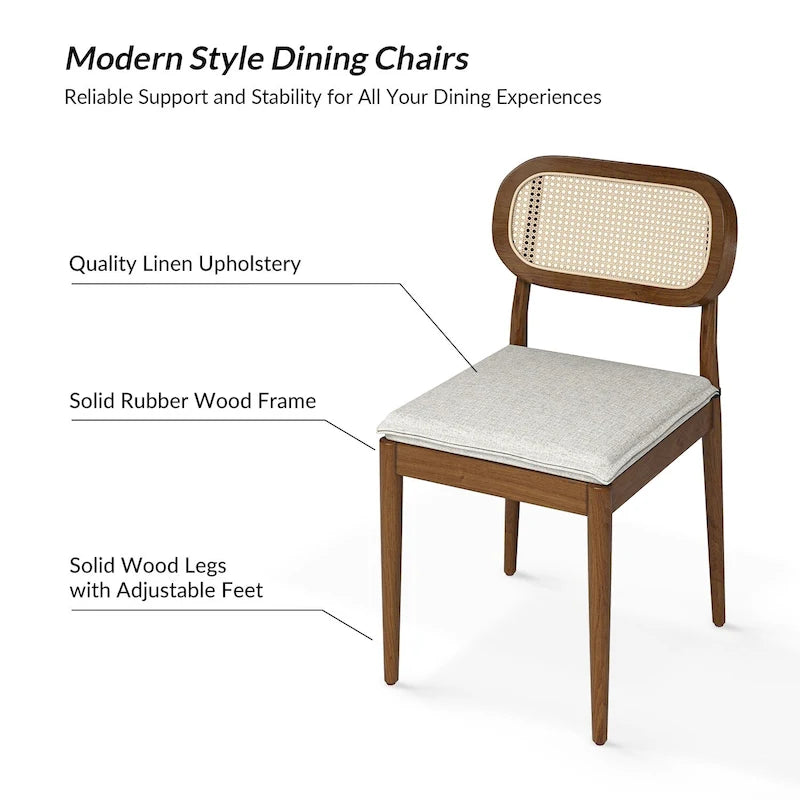 Chaise de salle à manger moderne en bois massif avec dossier en rotin et coussin amovible