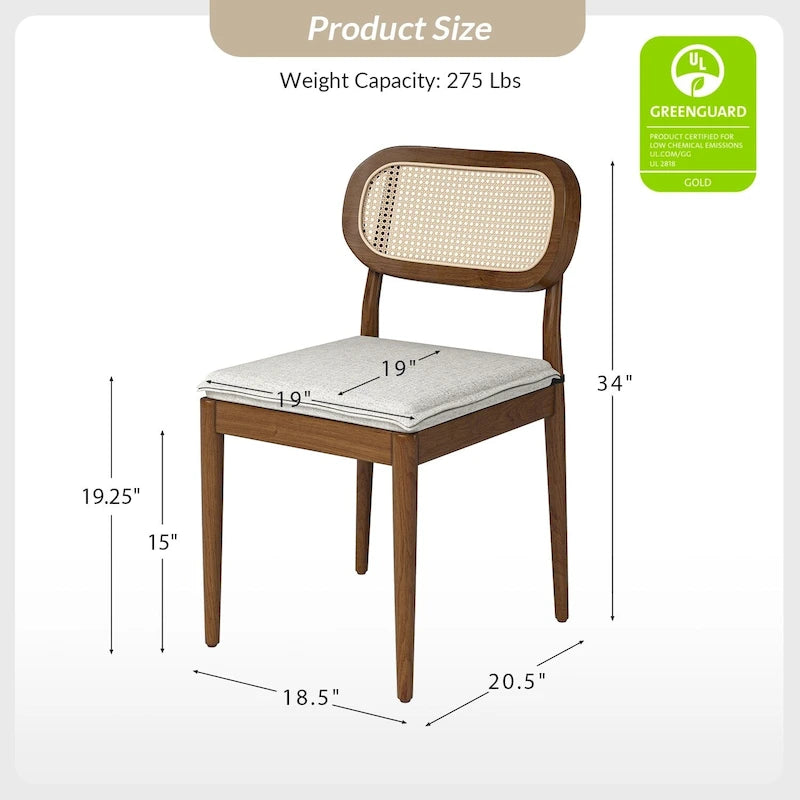 Chaise de salle à manger moderne en bois massif avec dossier en rotin et coussin amovible