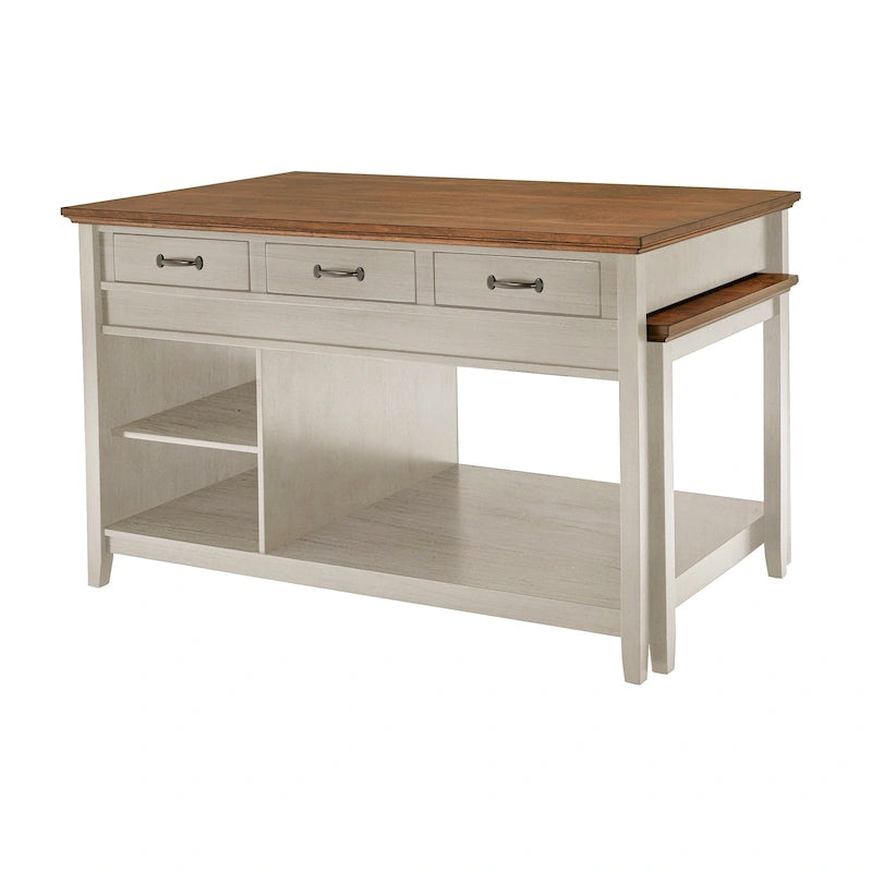 Îlot de cuisine extensible, finition antique bicolore, avec 3 tiroirs