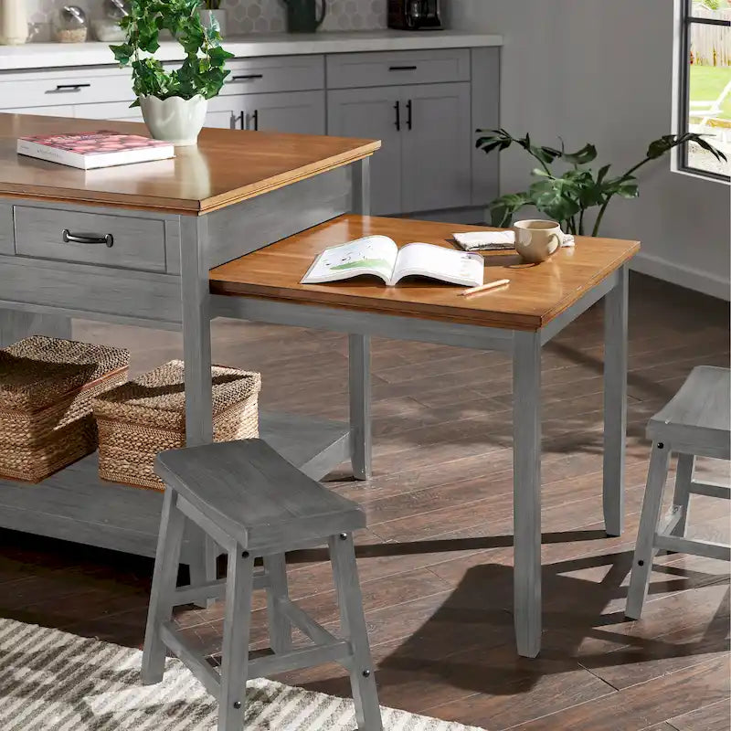 Îlot de cuisine extensible, finition antique bicolore, avec 3 tiroirs