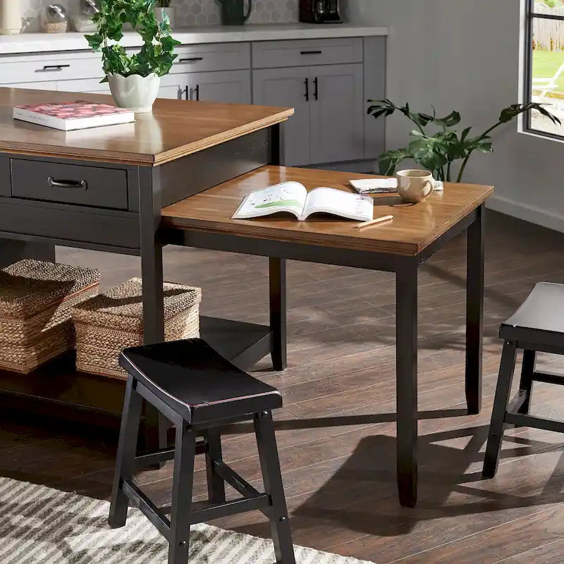 Îlot de cuisine extensible, finition antique bicolore, avec 3 tiroirs