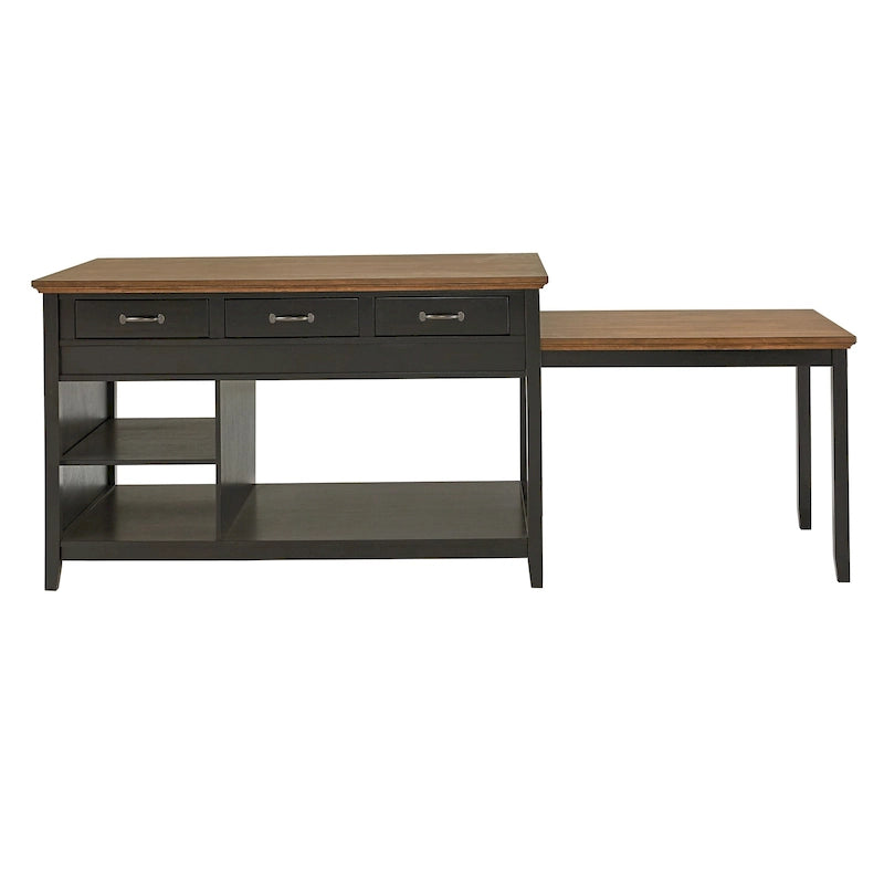 Îlot de cuisine extensible, finition antique bicolore, avec 3 tiroirs