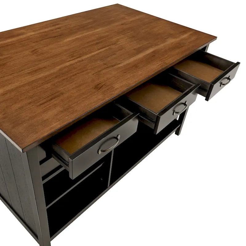 Îlot de cuisine extensible, finition antique bicolore, avec 3 tiroirs