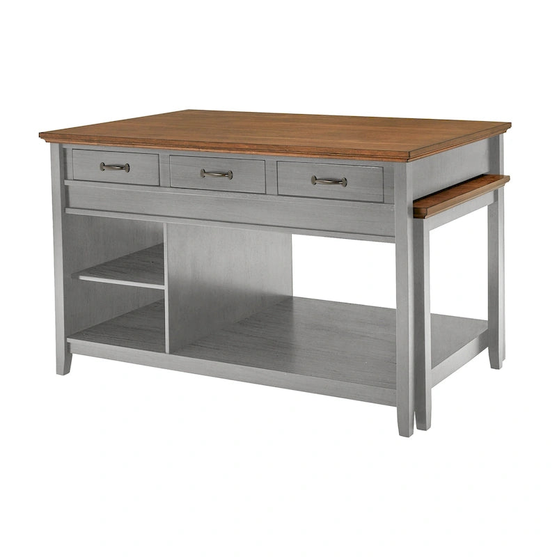 Îlot de cuisine extensible, finition antique bicolore, avec 3 tiroirs