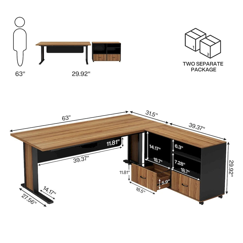 Bureau informatique d'angle de direction et caisson de rangement mobile 63 pouces