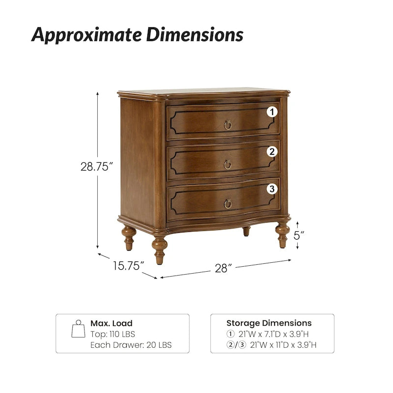 Table de chevet traditionnelle à 3 tiroirs