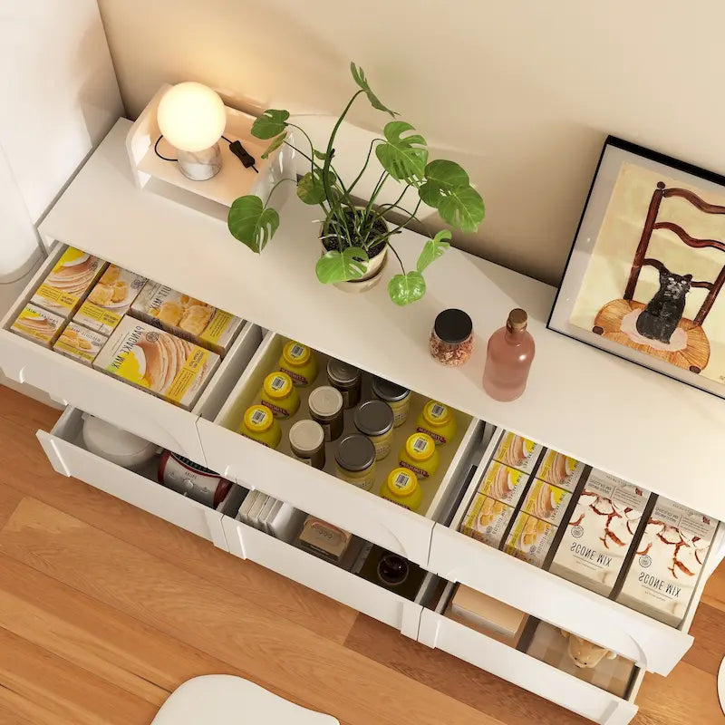 Commode de rangement blanche à 6 tiroirs pour chambre, salle à manger et cuisine